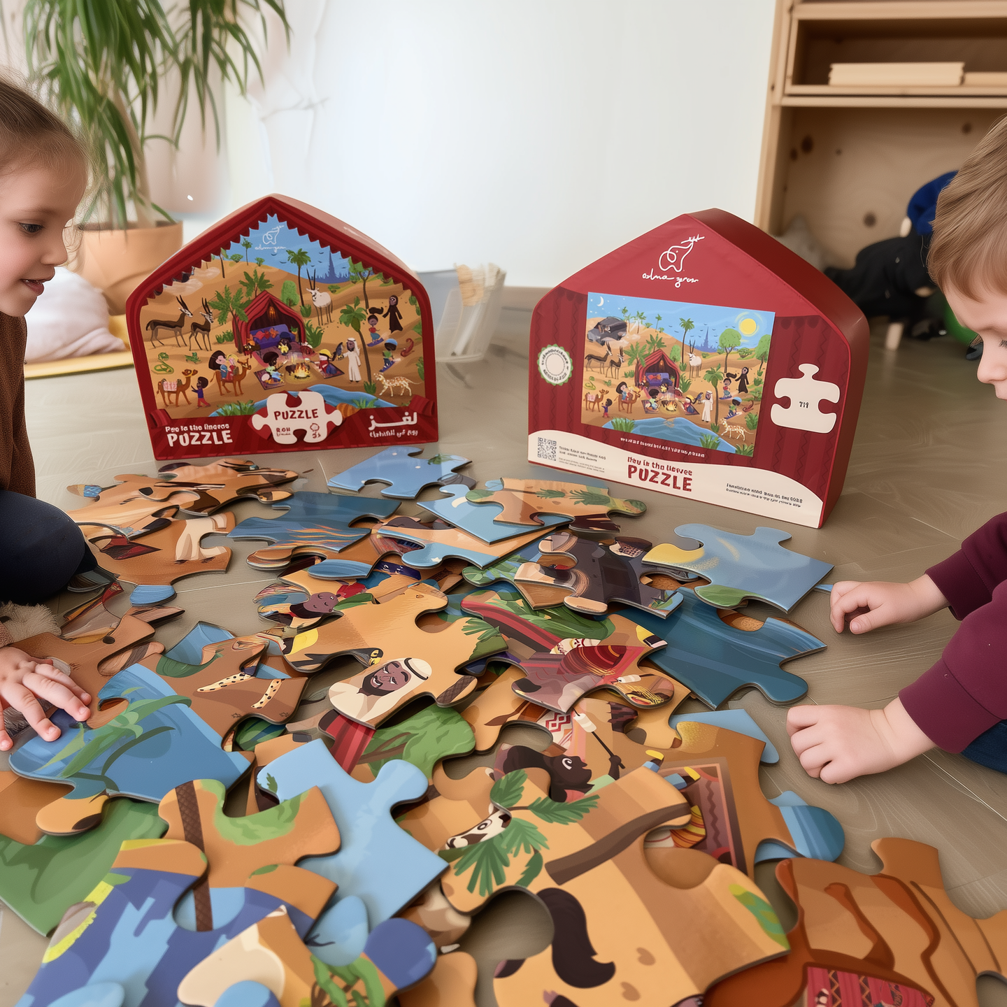 Desert puzzle with children assembling it on the floor